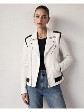 VEDA Baby Jane White Leather Moto Jacket Zip-Off Sleeves Vest Size S